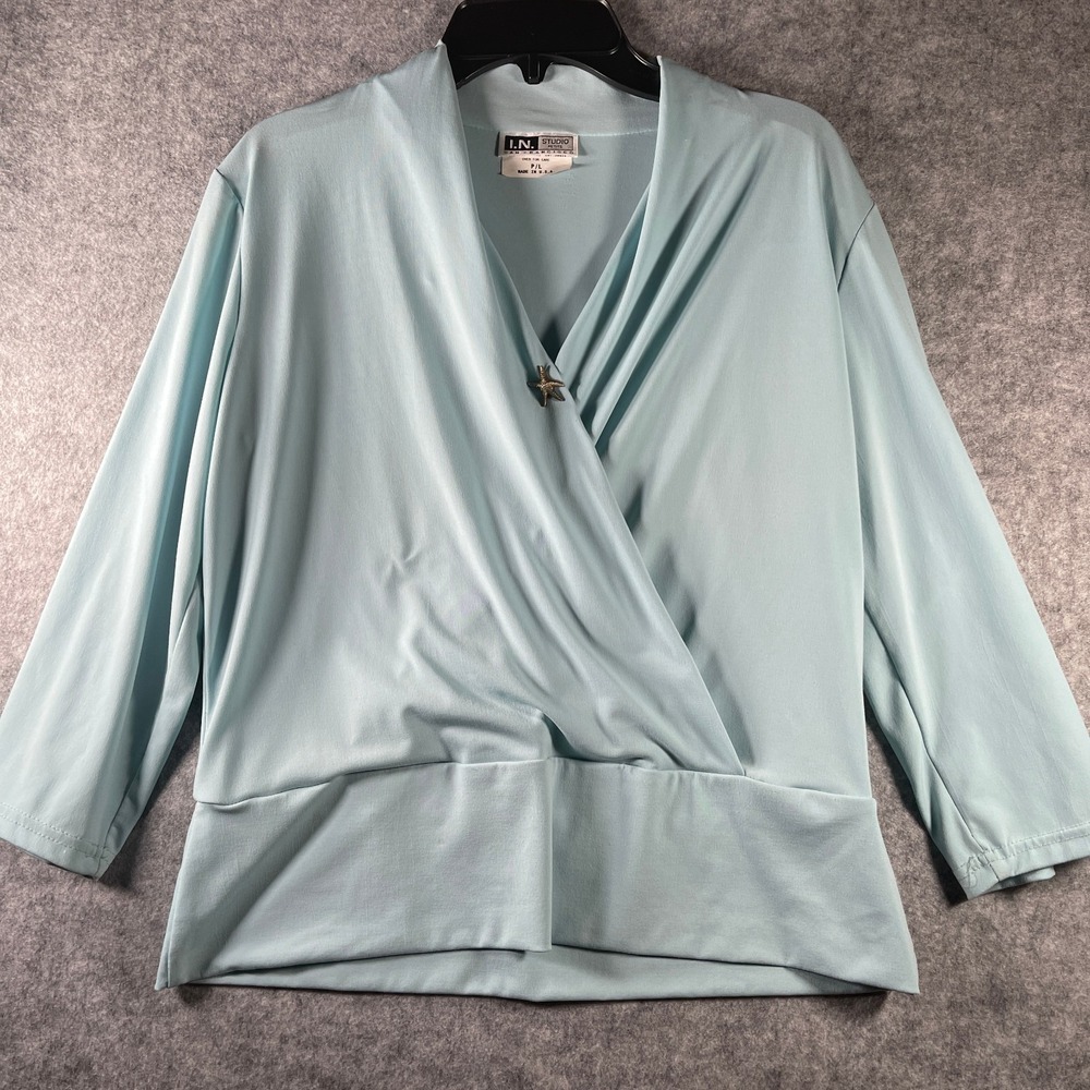 Ladies I.N. Studio Petite Seafoam mock wrap‎ blouse  size Petite Large